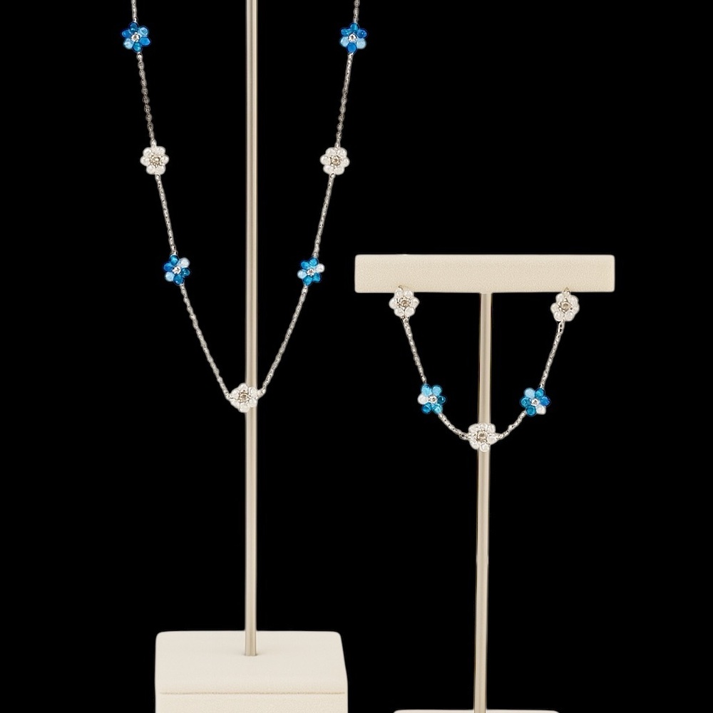 Stainless steel Blue and Silver Floral Necklace Set